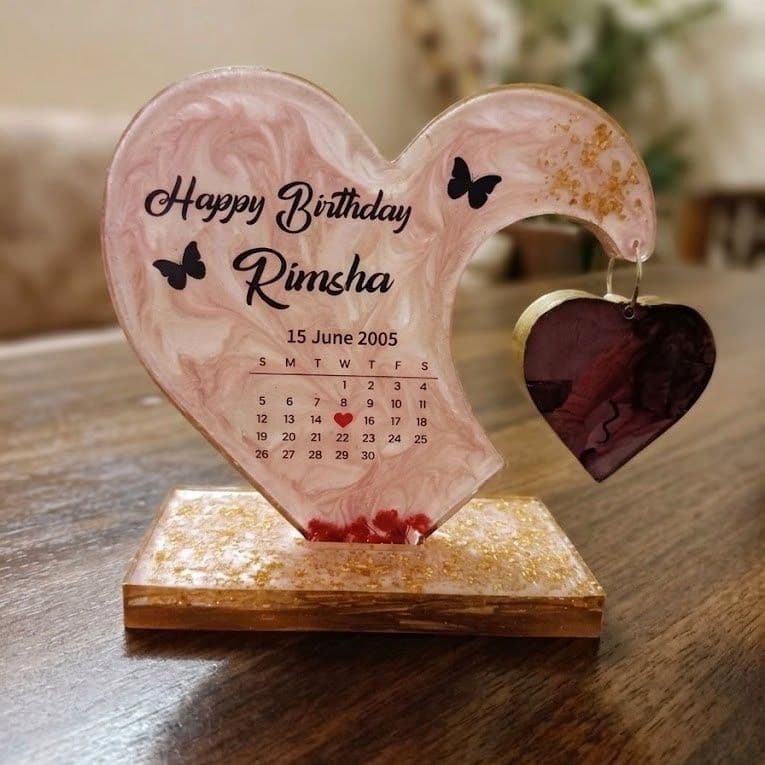 Handcrafted Heart Shape Resin Calendar Plaque with Hanging Heart & Stand (8-Inch) - Image 1