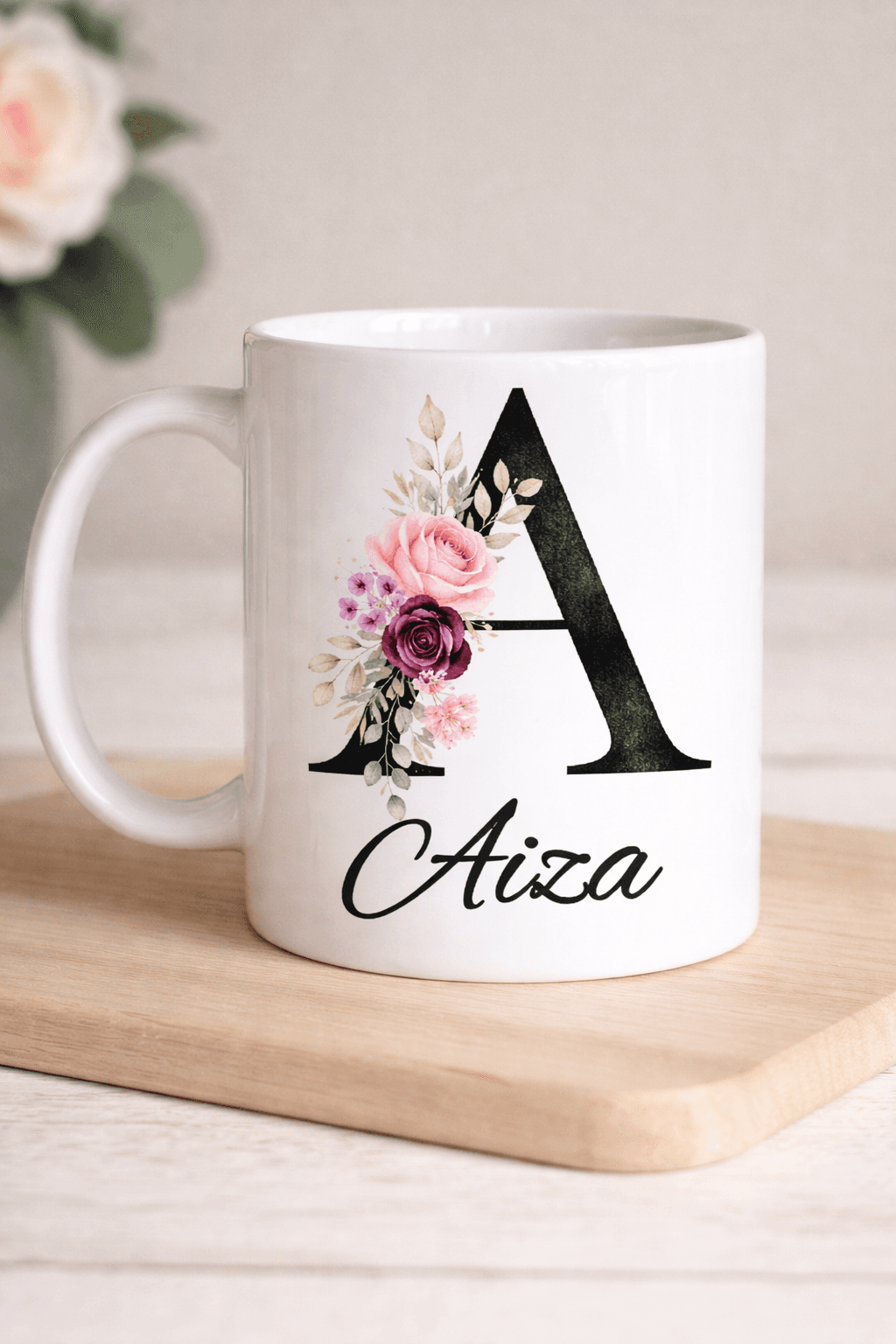 Personalized Floral Alphabet Mug – Custom Name Printed Ceramic Cup - Image 1