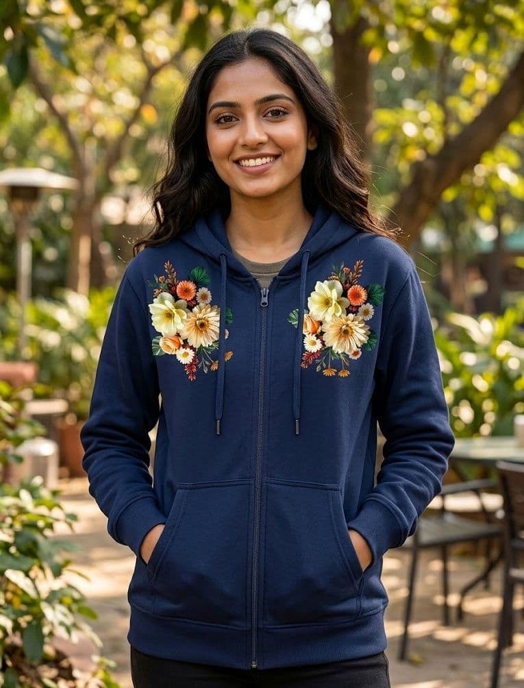 Winter Digital Flower DTF Printed Zipper Hoodie (Winter Fleece) - Image 1